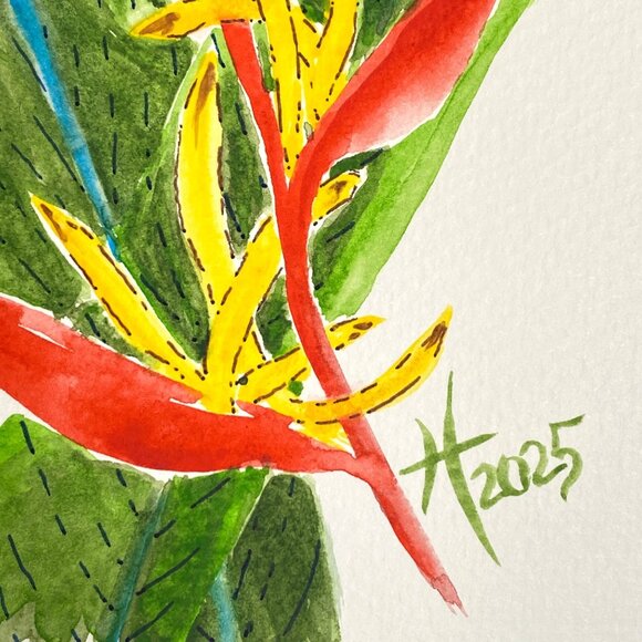 Heliconia Pop Original Watercolor Painting 8x8in White Mat Frame Ready - Picture 4 of 6